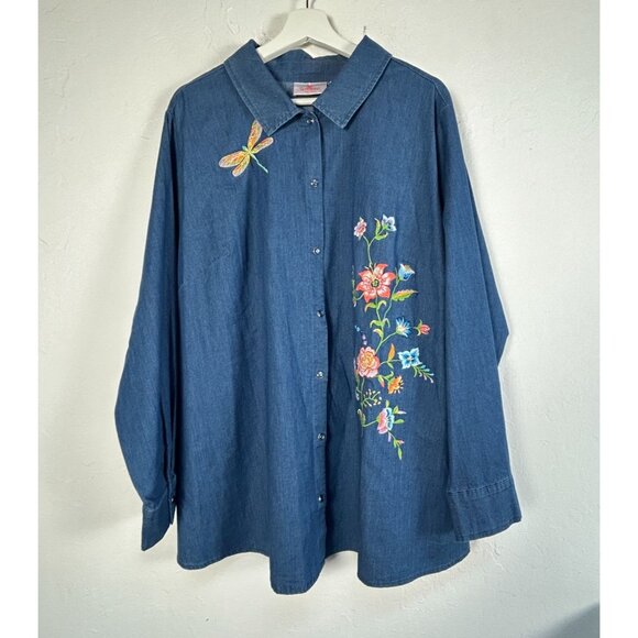 Quacker Factory Womens Wildflower Long Sleeve Denim Shirt 2X Blue Snap Front New - Picture 1 of 7